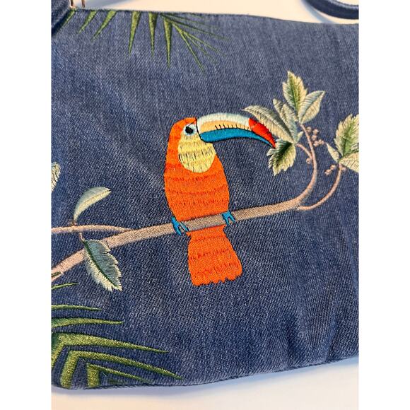 Lulu's Tropical Toucan Blue Denim Embroidered Clutch - Picture 4 of 8